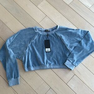Suzie Kondi chambray blue soft cotton velour stretch cropped crew top